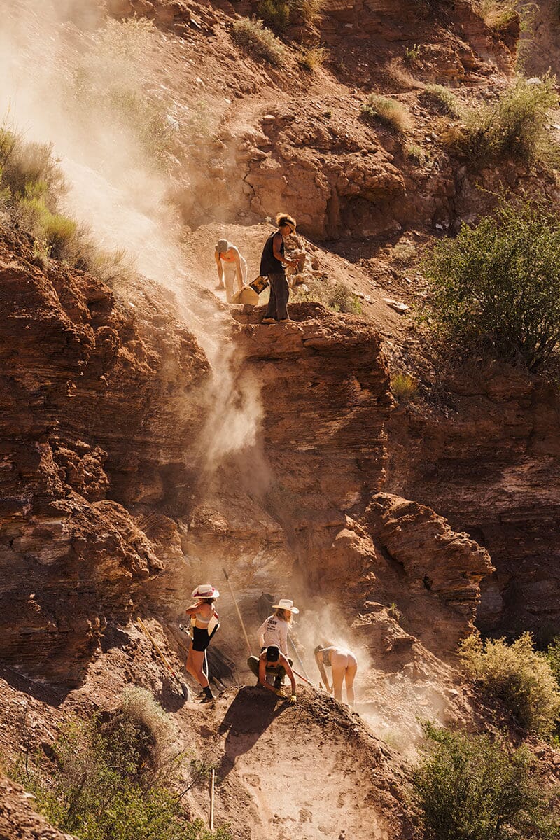 Group of girl bikers in the dust digging jumps
