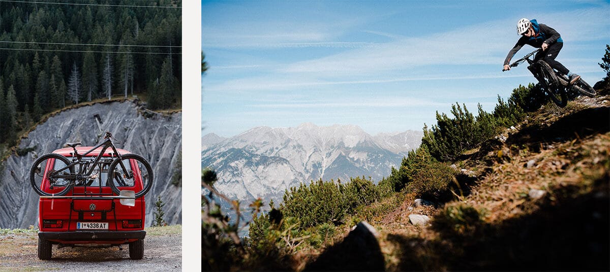 Two Images on the left a red van with a mountain bike on the back and forest in the background and on the right Peter Kaiser mountain bikes down a slope with mountains and trees in the background